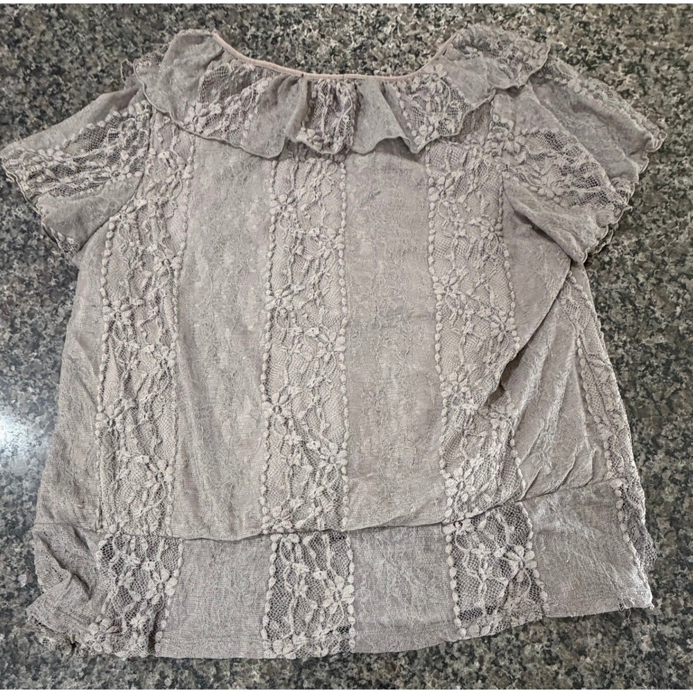 Style & Co Woman 3X Taupe Mauve Lace Ruffle Neck Tiered Short Sleeve Blouse Top - Picture 2 of 5
